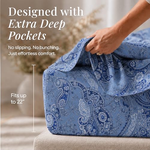 Tribeca Living Deep Pocket Cal King Size Sheet Set - 300 Thread Count Cotton Sateen Sheets with 22-Inch Extra Deep Pockets, Oeko-Tex Certified, 4 Bedding Set in Atlantis Multi Print by Tribeca Living - Image 3