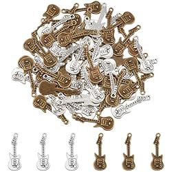 DICOSMETIC 100 Colgantes de instrumentos musicales de 2 colores, colgantes de guitarra, bronce antiguo y plata, dijes musicales de estilo tibetano, colgantes de aleación, elementos musicales para