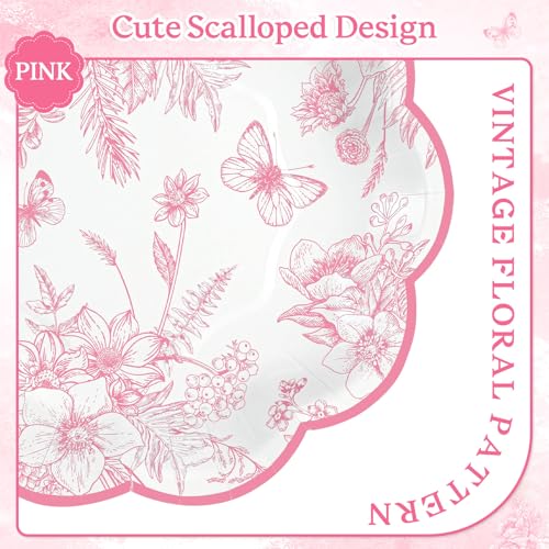 NatNarr 30 Pcs Pink Floral Paper Plates, 7 inch Tea Party Plates Vintage Flower Toile Plate Pink and White Dessert Plate Disposable for Baby Bridal Shower Birthday — view 3