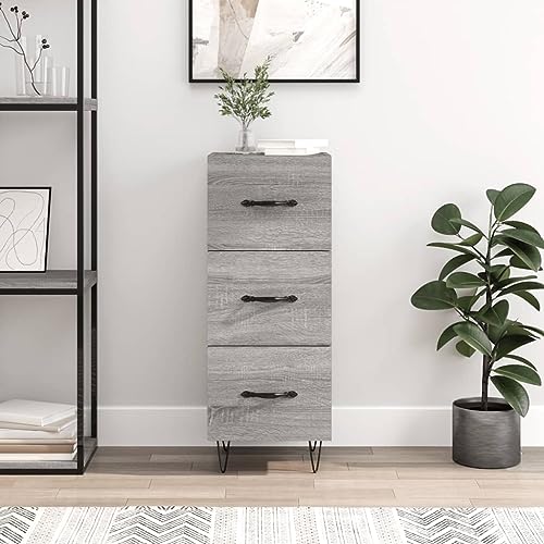 Yunovire Aparador gris Sonoma 34,5 x 34 x 90 cm, madera, 3 cajones, diseño moderno, mucho espacio de almacenamiento para salón, pasillo, muebles