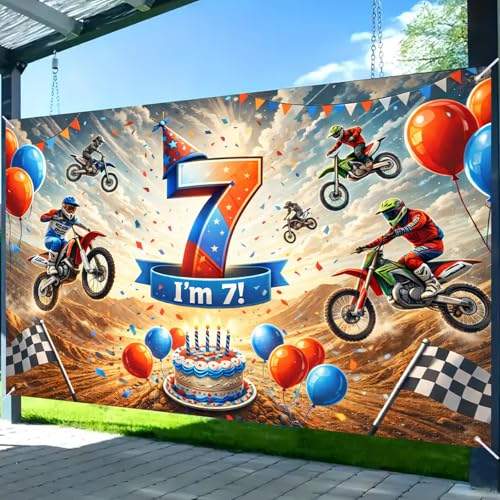 Image of Nuxovilar Happy 7th Birthday Banner Backdrop 71 inchx43 Polyester | Celebrate Party Supplies, Celebration Decor. Dirt Bike Birthday Party Decorations. Yard, Garage, Room. (Dirt Bike 7th)