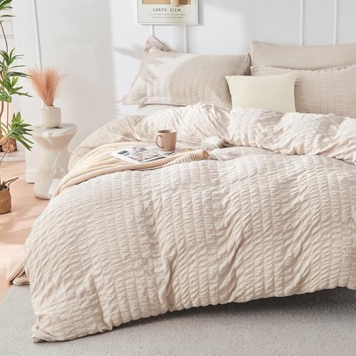 HYMOKEGE Beige Duvet Cover Queen Size, Ultra Soft 3-Piece Seersuc...