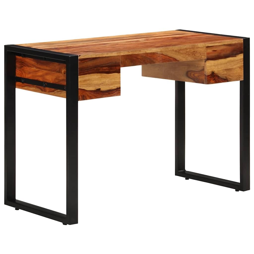 Biurko z litego drewna akacjowego 110 x 50 x 77 cm z 2 szufladami, malowana proszkowo rama stalowa, miejsce do przechowywania i półka, ergonomiczne do biura, biura domowego, pokoju dziecięcego