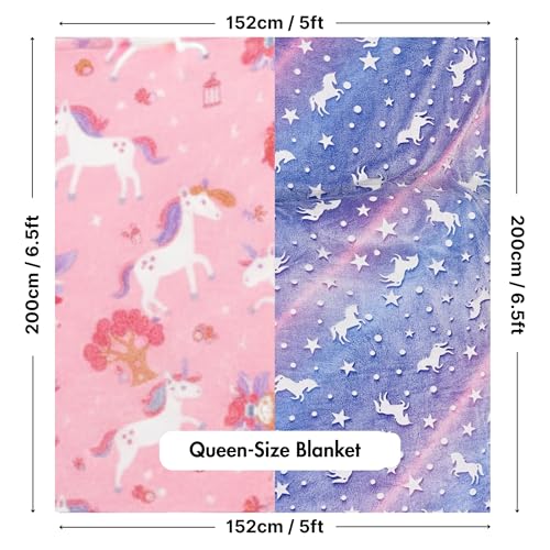 Image of Famyo Glow in The Dark Kids Flannel Fleece Blanket Combo 200x152 cm | Soft warm machine washable blanket, purple & pink, ideal for boys & girls, cozy double bed throw