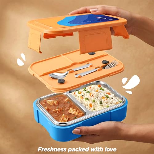 Image of Milton Bravo 2 Inner Stainless Steel Tiffin Box for School, 2 Partition, Steam Release Plug | PU Insulated, Leak-Proof, Food Grade I Lunch Box for Kids Boys, Girls with Snap Lock Lid, 650 ml,Dark Blue