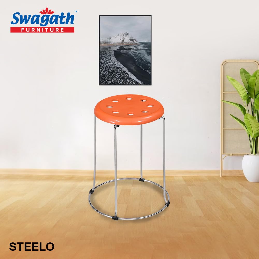 Swagath Furniture Steelo Stool with Stainless Steel Base for Indoor/Outdoor & Cafeteria (Colour-Orange seat, Set of 2, Pre-Assembled) 1
