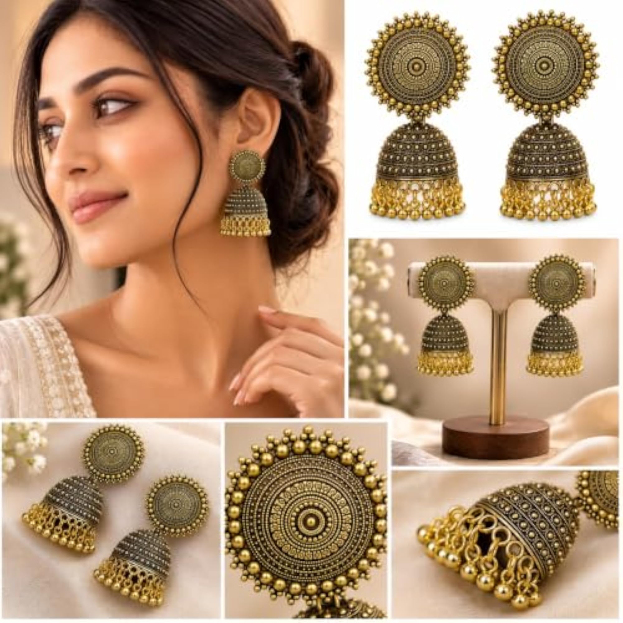 Women's Gold Oxidised Earrings, Traditional Design