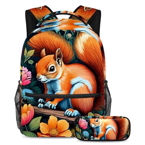 Sac à dos écureuil coloré avec trousse assortie pour enfants et adolescents