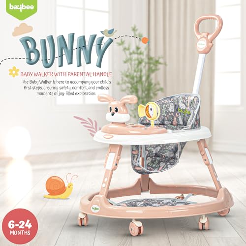Image of Baybee Bunny Pro 2-in-1 Baby Walker for Kids with Push Handle, 2-Level Height Adjustment, Mat & Musical Toy Bar | Activity Push Walker for Babies 6-18 Months (Pink)