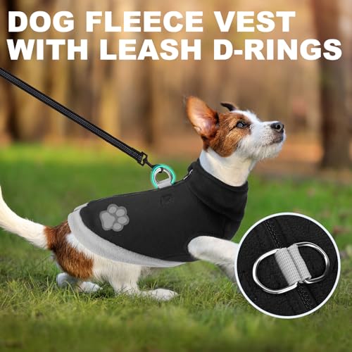 Image of Mihachi Dog Fleece Vest Sweater Zip Up Warm Pullover Step-in Dog Jacket with Dual D-Ring Leash, Winter Cold Weather Reflective Coat Clothes Hoodie for Small Medium Dogs Puppy Cat Boy Girl, Black XS