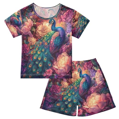 ALAZA Peacock Peony Bird Artwork Pajamas Set Short Sleeve Cotton Sleepwear Summer Pjs 2 Piece 5-14Y