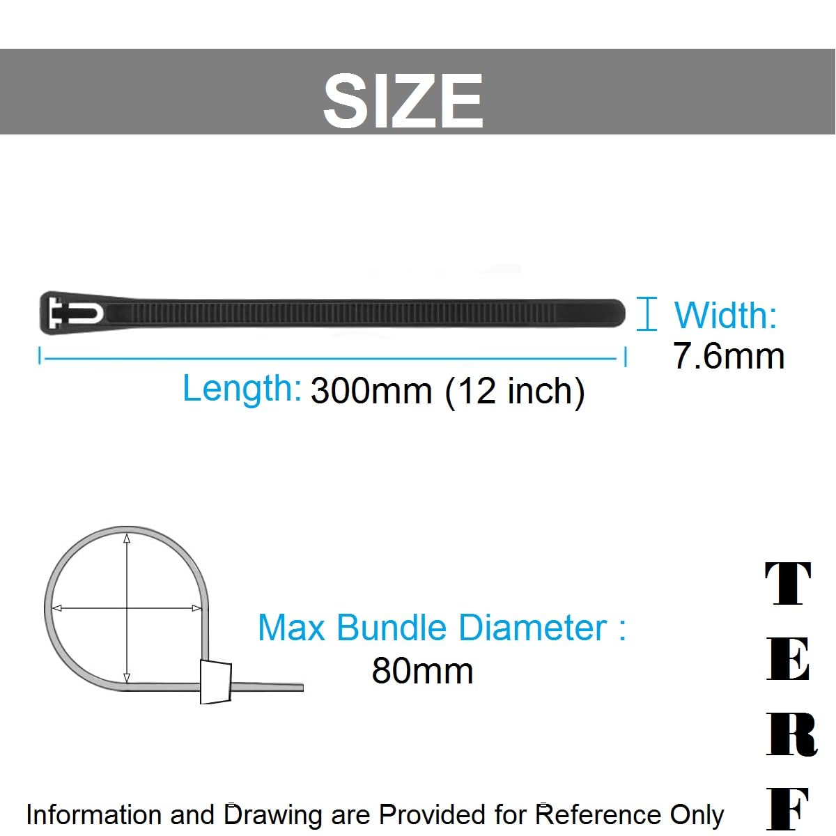 TERF® 50 Pcs Reusable White Cable Ties 300mm (12'') X 7.6mm Heavy Duty Nylon Releasable Adjustable Wire Cable Ties Zip Wraps Plastic Tie for Home Office Garden Garage Workshop DIY Purpose Use - Image 3
