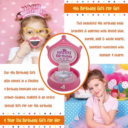 ZomefinKiu Toddler 4th Birthday Princess - Pink Charm Bracelet, Crown Shape Keepsake Jewelry Box, 4 Year Old Girl Birthday Outfit for 4th Bday Party4