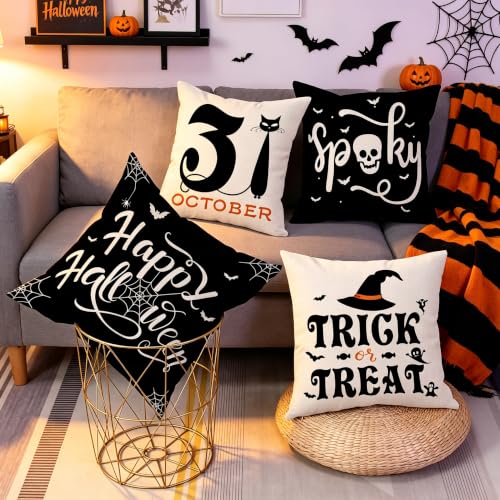 Gujiahone Halloween Pillow Covers 18 x 18 Set of 4 -Linen Print Thanksgiving Sofa Pillow Cover -Happy Halloween Cushion Case for Holiday Party Living Room Bedroom Home Fall Decorative - image 2
