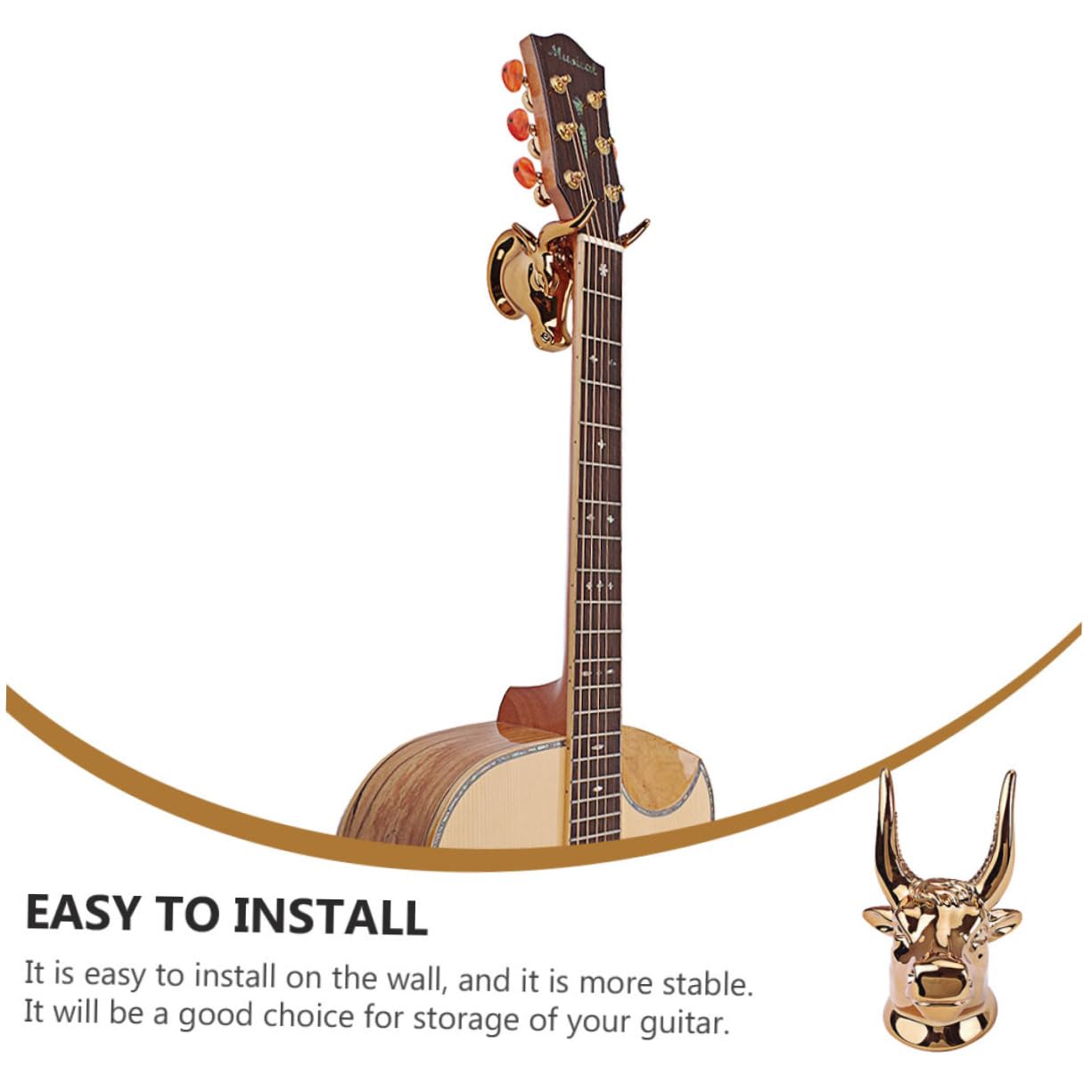 Gancio per Chitarra da Muro in Acciaio Oro, Bull Head | Supporto a Parete per Storage, Installazione Semplice, Soluzione Pratica e Stabile per Strumento