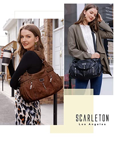 Scarleton Purses for Women Large Hobo Bags Washed Vegan Leather Shoulder Bag Satchel Tote Top Handle Handbags, H129204A, Brown - Thumbnail 2