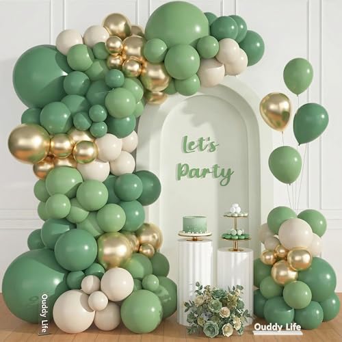 Image of Ouddy Life 157Pcs Green Balloon Arch Garland Kit, Sage Green White Sand Gold Latex Confetti Balloons Different Size for Baby Shower Birthday Wedding Jungle Party Safari Baptism Decorations