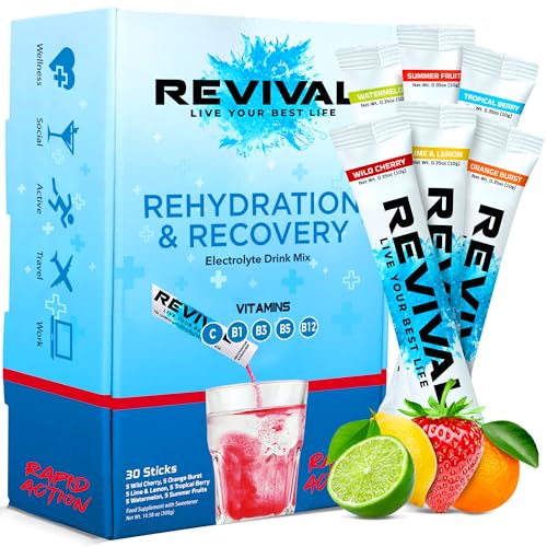 Revival Rapid Rehydration Electrolytes Powder - High Strength Vitamin C, B1, B3, B5, B12 Supplement Sachet Drink, Effervescent Electrolyte Hydration Tablets - 30 Pack Assorted Flavours