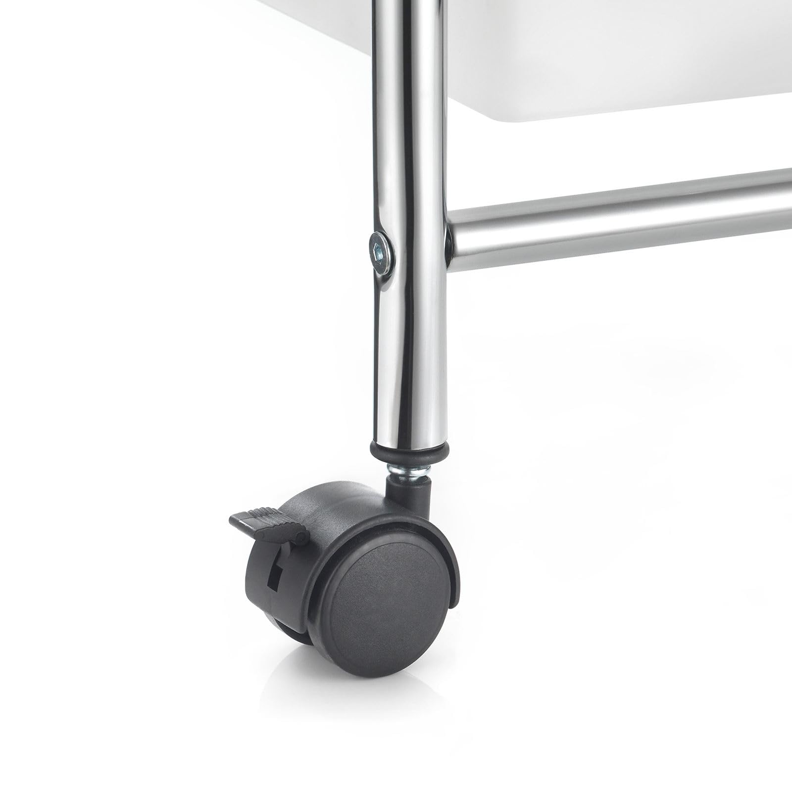 IDIMEX Caisson sur roulettes Marita Chariot avec 9 tiroirs en Plastique Blanc Transparent et 2 étagères avec Anneau Porte sèche Cheveux, Meuble de Rangement pour Salle de Bain en métal chromé