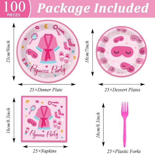 Image of 100 Pcs Pajama Party Paper Plates and Napkins Set Sleepover Party Decorations Supplies Girls Sleepover Tableware Favors for Spa Slumber Birthday Hot Pink Pajama Party Decorations Serves 25