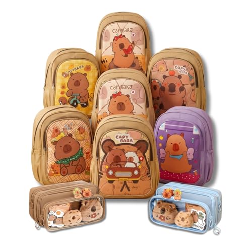 Kit Mochila Capybara Resistente à Água + Estojo Temático (Capybara ou Panda) com Adesivos e Bonecos Surpresa | Reforçada e Super Espaçosa