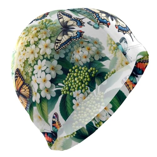 susiyo Hydrangea Flowers Butterfly Mens Swim Caps Polyester Swimming Hat for Adult and Youth