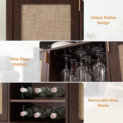 Sicotas SCEWA10005CH Rattan Coffee Bar Cabinet, 51 Inch Sideboard Buffet Cabinet With Storage, Farmhouse Liquor Cabinet With Wine Racks Credenza Console Buffet Table For Home Living Dining Room Entryway, Cherry thumb #6