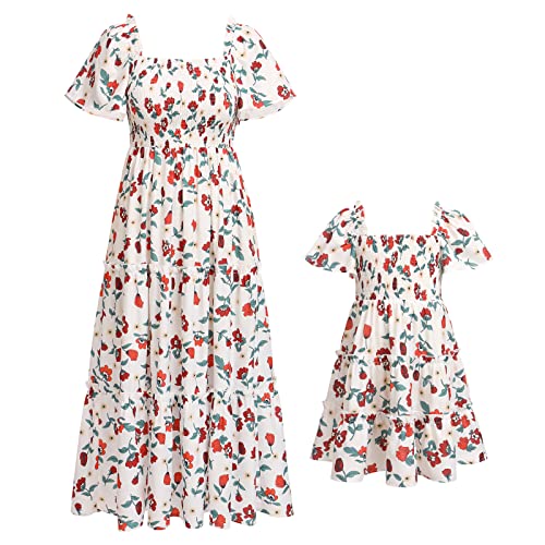Mommy and Me Dress Summer Casual Boho Floral A-Line Ruffled Flowy Beach Hawaiian Vacation Maxi Dress