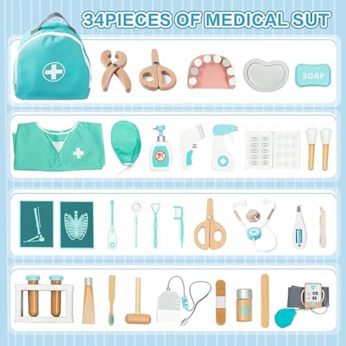 Image of Wudly 34-Piece Wooden Doctor Kit for Kids - Pretend Play Medical Set with Stethoscope & Accessories - Educational Toy for Toddlers, Boys & Girls Ages 3+