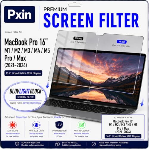 Image of Pxin GlareX Filter compatible with 16 Inch Mac book Pro M1 /M2 /M3 /M4 /M5 | Anti Blue | Anti Glare | Anti Reflex | UV Block | BLUVLIGHTBlock & OptiX Layer