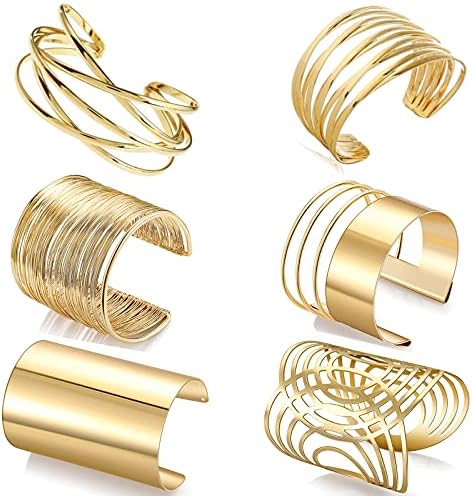 WAINIS 6 PCS Cuff Bangle Bracelet for Women Open Wide Wire Bracelets Gold Wrist Cuff Wrap Bracelet Gold Plated