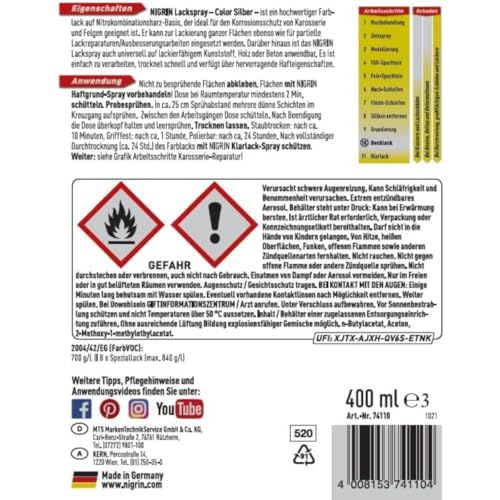 NIGRIN Lackspray, 400 ml, Autolack Silber, schützt Felgen und Karosserie vor Rost, schnell trocknend – Ansicht 3