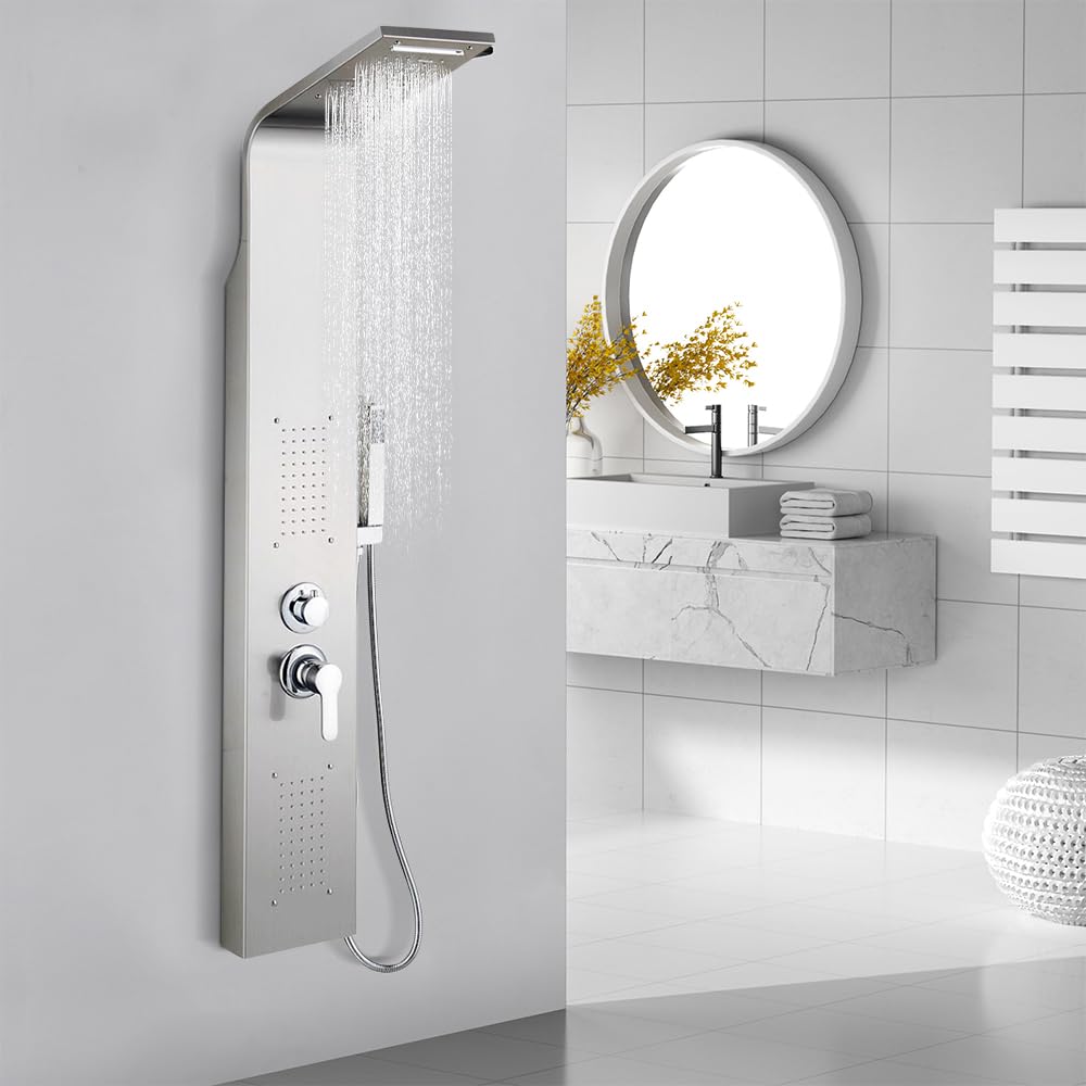 Système De Douche Thermostatique Avec Douche Et Cascade,Colonne douche en acier inox, douche à pluie, douche de massage et douche cascade pour salle de bain-15 * 47 * 130cm-acier inoxydable