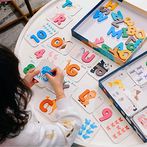 Vmini Animal Numbers Alphabets Flash Cards Wooden Jigsaw Puzzle Board Set Preschool Educational Montessori Toys for Toddlers Kids Boys Girls 3+ Years Old