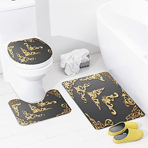 Badezimmer Set, rutschfeste Badematte und WC-Vorleger-Set, Barockes Schwarzgold 3D-Rendering der vergoldeten… – Bild 6