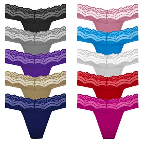 Image of Cotton Thongs For Women, Lace Thongs For Women,10 Pack Size XS to 5XL | Delicate Floral Lace Trim,Buttery Soft Stretch Waistband,Minimal Thong Cut,Daily Everyday Wear,Value Multipack Lingerie