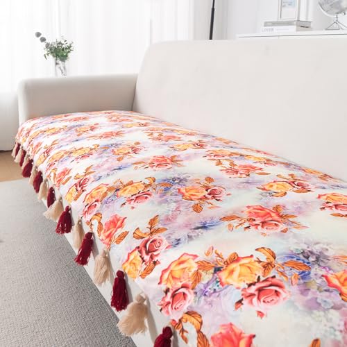 Image of HOKIPO Sofa Cover Mat with Tassel for 1 /2 /3 Seater & L Shape Sofa | DIY Sofa Cover Set | Digital Printed Holland Velvet | 'Whispers of Nature' | 70(W) x 120(L) cm | Vintage Rose Bloom (IN-1119-D12)