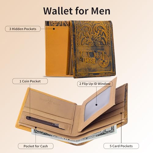 Image of Mens Rodeo Short Wallet Western RFID-Blocking Bifold Leather Wallet with ID Window - Full Grain Leather Wallets Unique Gift for Men, 02--Brown