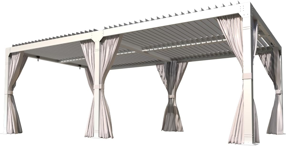 YOLENY Louvered Pergola 12x24, All Aluminum Pergola with Adjustable Rainproof Roof, Outdoor Pergola with Curtains and Nets for Patio & Garden, White