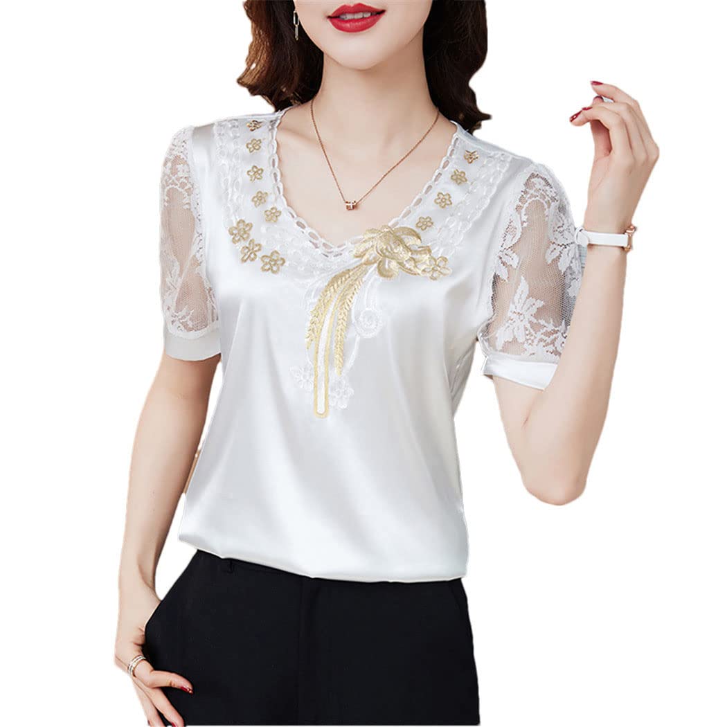 FULBHPRINT Blusa de encaje de satén con cuello en V para mujer, de manga corta, de malla de flores