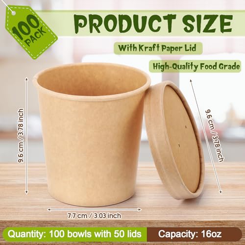 Image of Fulmoon 16 oz 100 Pack Paper Containers with Lids Soup Bowl Cup, Brown | Disposable Ice Cream Cup, Kraft Food Containers with Vented Lid Stackable for Hot Soup Dessert Cake Fruit Microwave Takeout