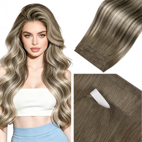 Image of LaaVoo Weft Tape Extensions Ombre Light Brown Tape in Weft Hair Extensions Human Hair 90G Genius Tape in Extensions Light Brown Fading to Platinum Blonde with Brown 16inch 4pcs