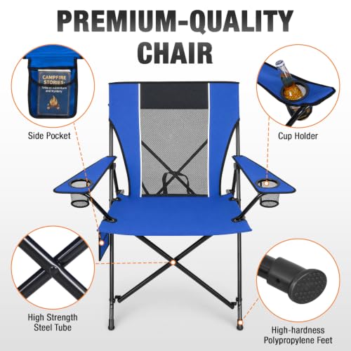 Image of Romswi Portable Folding Camping Chair for Adults, Heavy Duty Outdoor Sports Chair with Dual Cup Holders, Side Pocket and Carry Bag, Camping Chair for Lawn, Beach, Fishing, Picnic and Tailgating,Blue