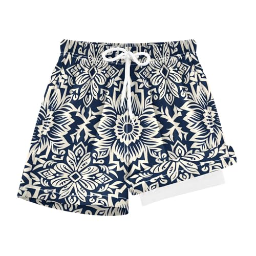 YANENDIE Boy Swim Trunks with Compression Liner Indigo and White Flower Boys Swim Shorts Quick Dry Beach Shorts