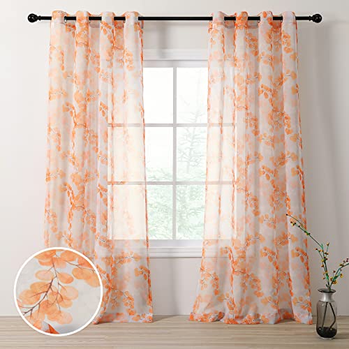 MYSKY HOME Orange Floral Sheer Curtain Watercolor Vine Curtain 84 Inch Long for Bedroom Natural Linen Semi Curtains Grommets Top Voile Drapes for Living Room Kids Room Nursery Dining Farmhouse 2 Pc