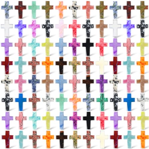 Nuenen 150 Pcs Natural Stone Cross Pendant Charms Bulk 1 Inch Cross Shape Crystal Gemstone Pendant Healing Chakra Quartz Charms for DIY Necklace Jewelry Crafts Making Easter Decor Gift