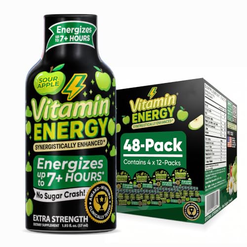 Image of Vitamin Energy Sour Apple Extra Strength Energy Shot, 48 Pack - Up to 7 Hrs, 260mg Natural Caffeine, Zero Sugar - Beta-Alanine + Electrolytes, Workout Support, B12 B6 Niacin, 1.93 fl oz, Keto Vegan