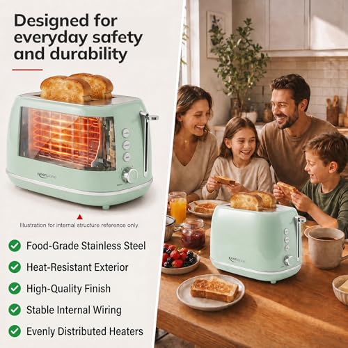 Image of 2 Slice Stainless Steel Toaster Retro with 6 Bread Shade Settings, Bagel, Cancel, Defrost Function, Extra Wide Slot, Removable Crumb Tray Green