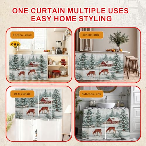 Image of Self Adhesive Forest Deer & Red Cabin Cabinet Curtain for Mother's Day, 39x28 Inch Nature Scenery Under Sink Skirt No Drill, Spring Cleaning Kitchen Decor, Hook and Loop Laundry Valance