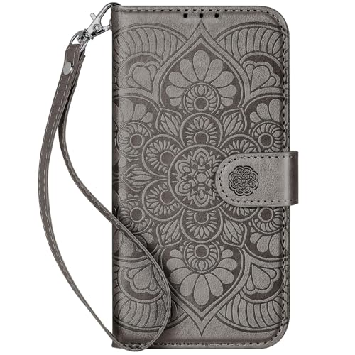 Coque iPhone 14 Pro antichoc grise : étui similicuir mandala avec fente cartes